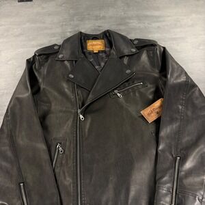 Vegan Leather Biker Jacket Mens Large Black Asymmetrical Moto Camo Lining NEW